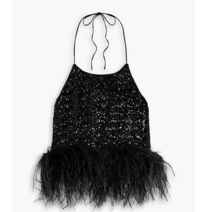 Oseree Sequin Halter Top with Feather Trim